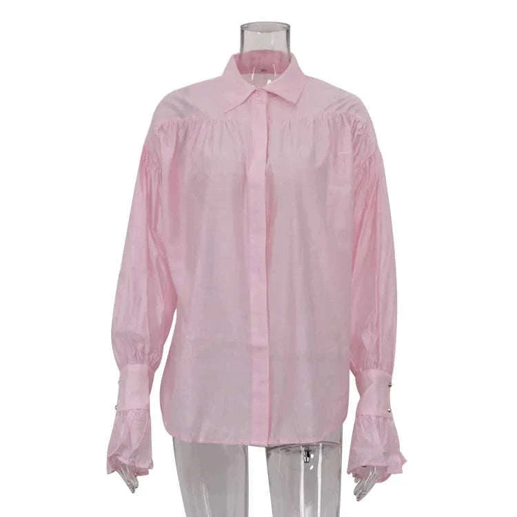 Loose Fit Chiffon Collared Shirt with Flare Sleeves for Women-Pink / S