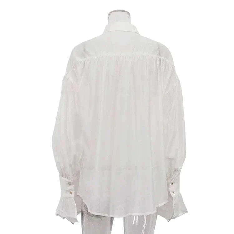 Loose Fit Chiffon Collared Shirt with Flare Sleeves for Women-Pink / S