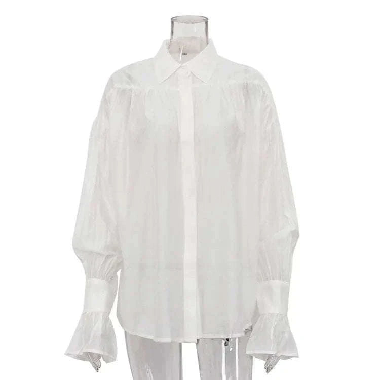 Loose Fit Chiffon Collared Shirt with Flare Sleeves for Women-Pink / S