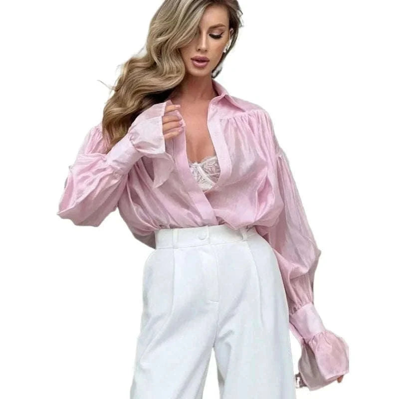Loose Fit Chiffon Collared Shirt with Flare Sleeves for Women-Pink / S