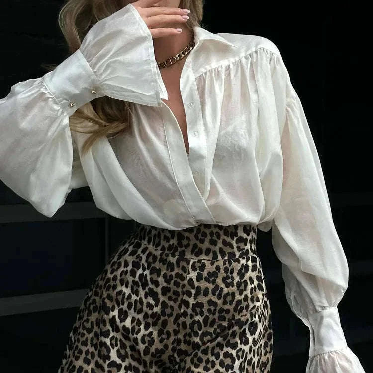 Loose Fit Chiffon Collared Shirt with Flare Sleeves for Women-Pink / S