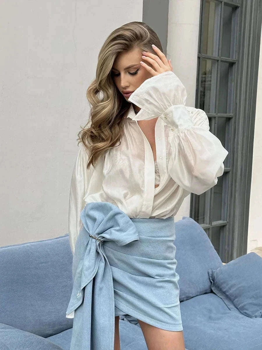 Loose Fit Chiffon Collared Shirt with Flare Sleeves for Women-Pink / S