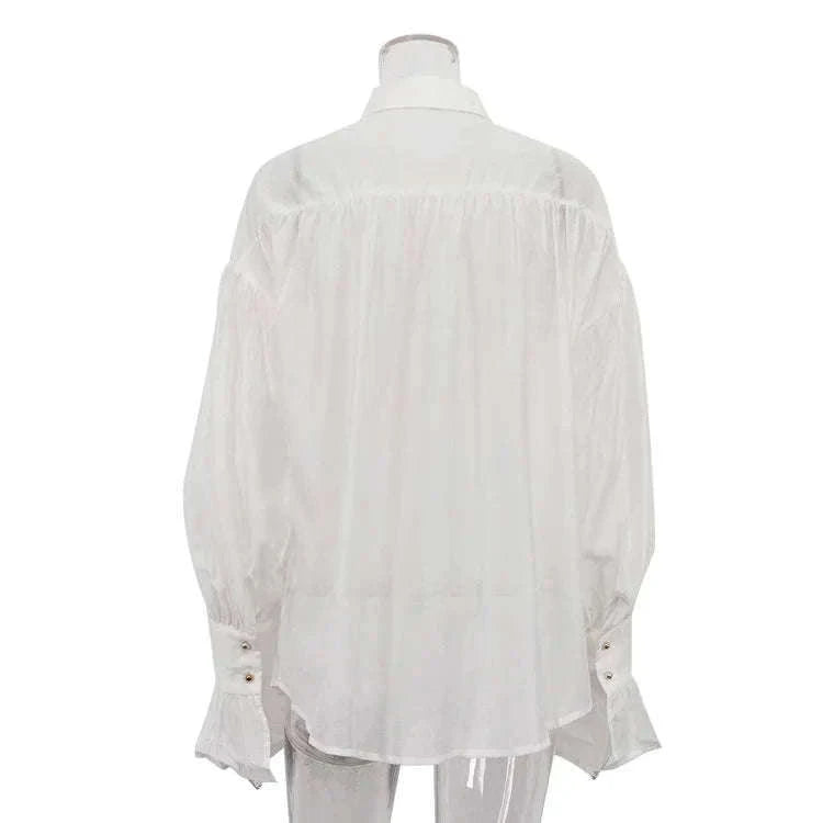 Loose Fit Chiffon Collared Shirt with Flare Sleeves for Women-Pink / S