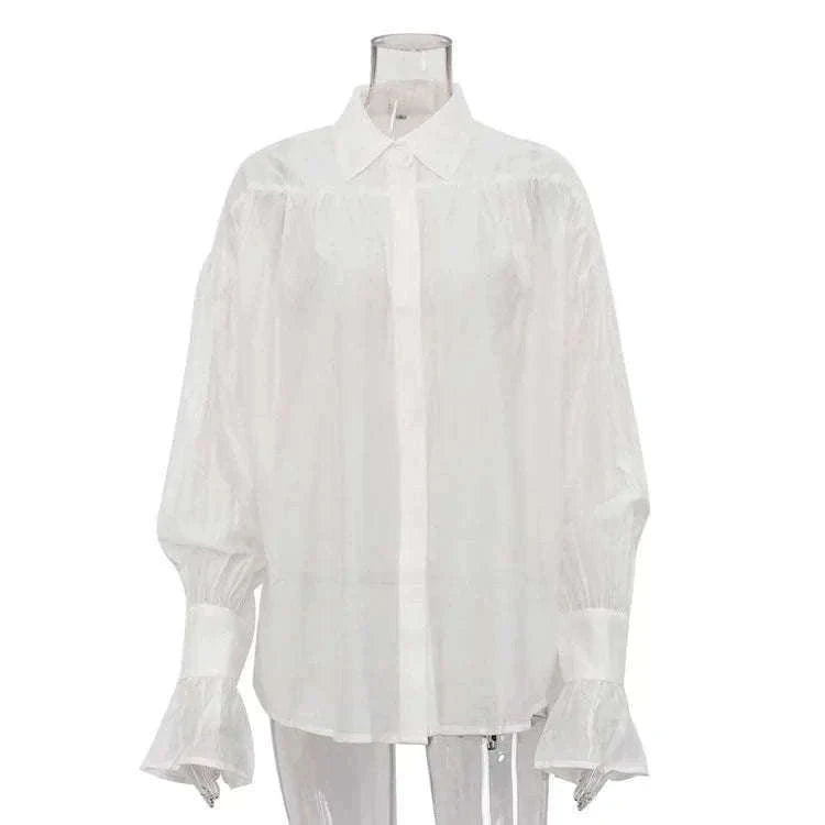 Loose Fit Chiffon Collared Shirt with Flare Sleeves for Women-Pink / S