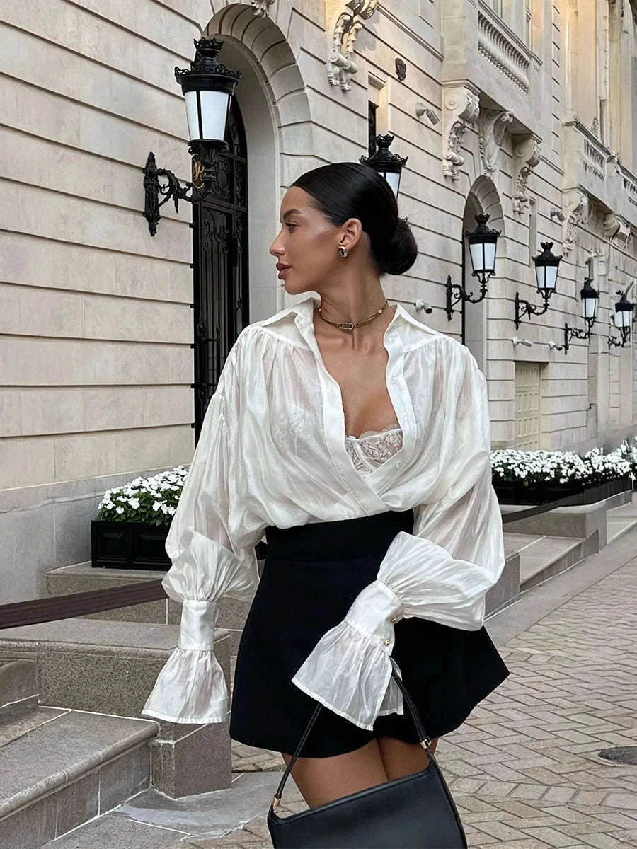 Loose Fit Chiffon Collared Shirt with Flare Sleeves for Women-Pink / S