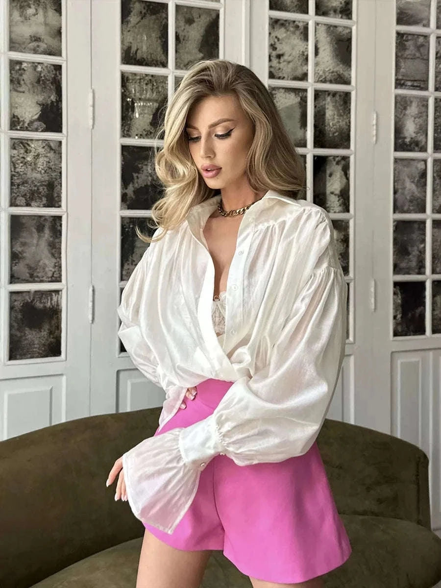Loose Fit Chiffon Collared Shirt with Flare Sleeves for Women-Pink / S