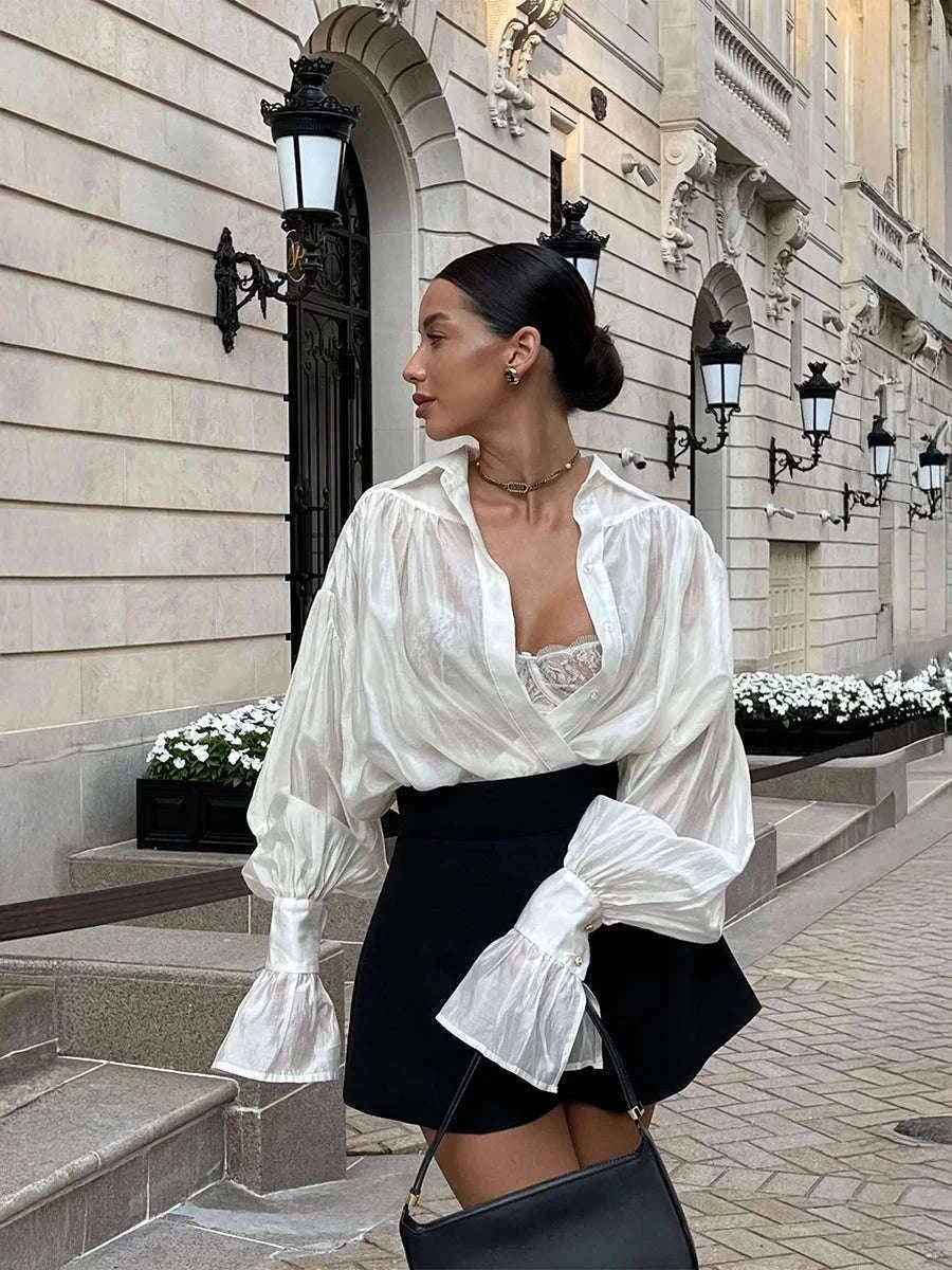 Loose Fit Chiffon Collared Shirt with Flare Sleeves for Women-Pink / S