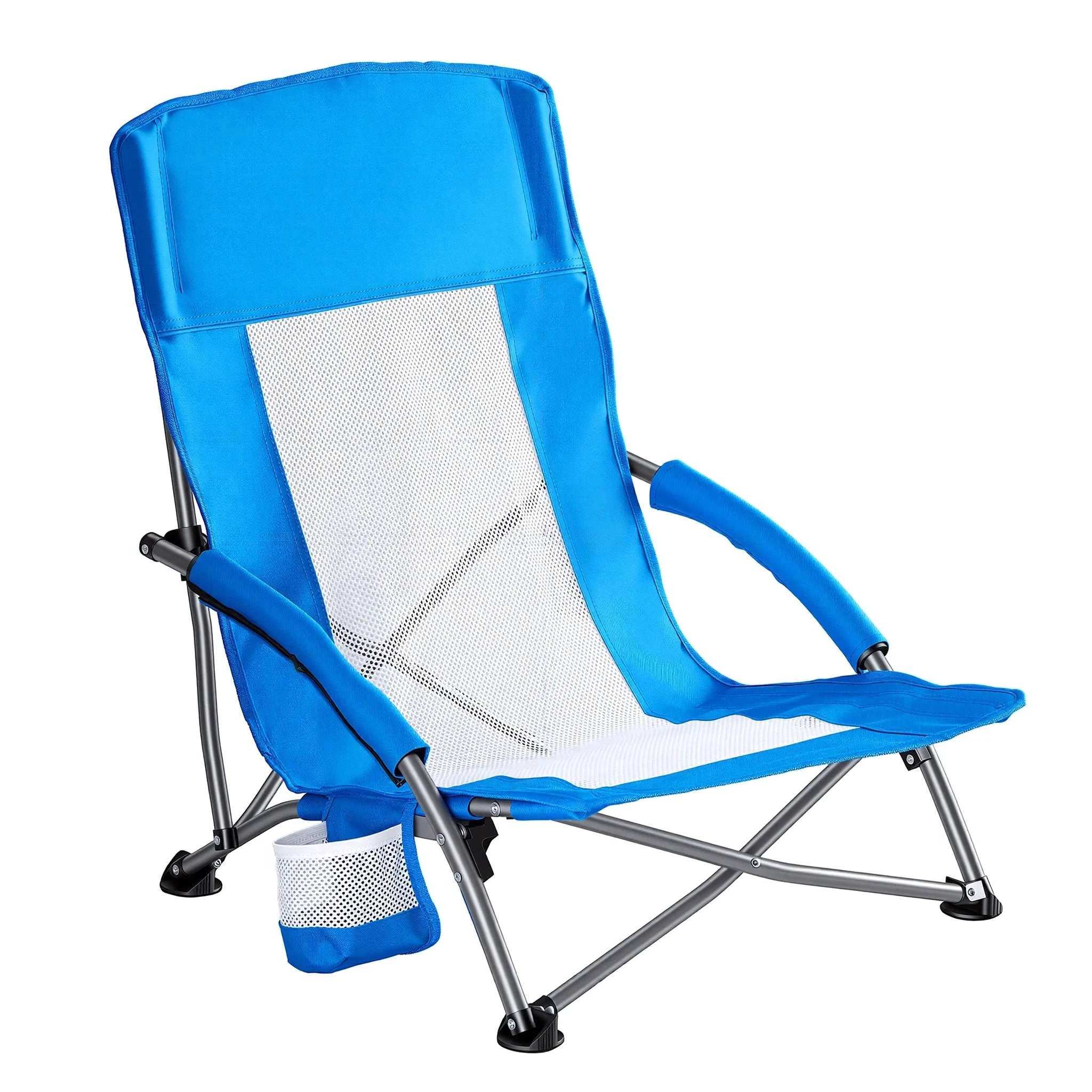 Low Folding Beach Chair with Mesh Back, Cup Holder & Armrests-Blue / United States