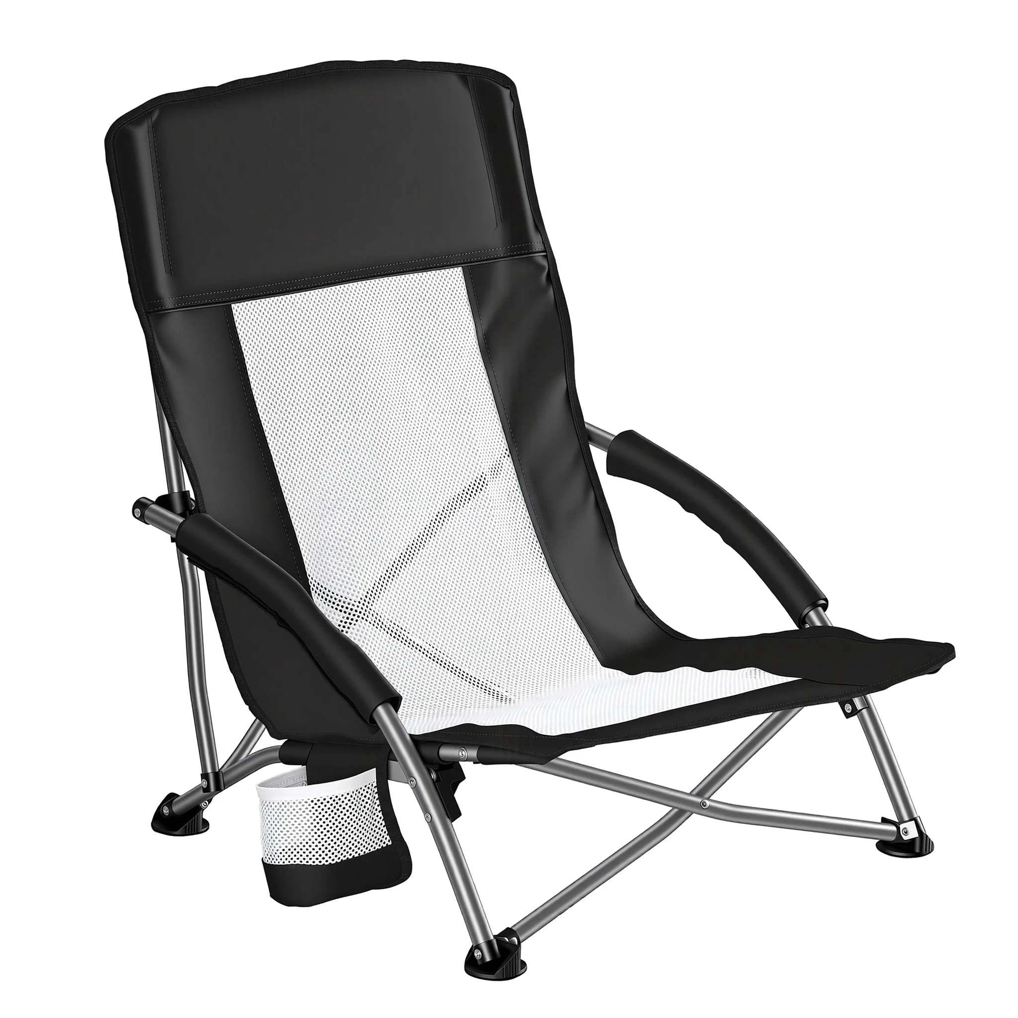 Low Folding Beach Chair with Mesh Back, Cup Holder & Armrests-Blue / United States