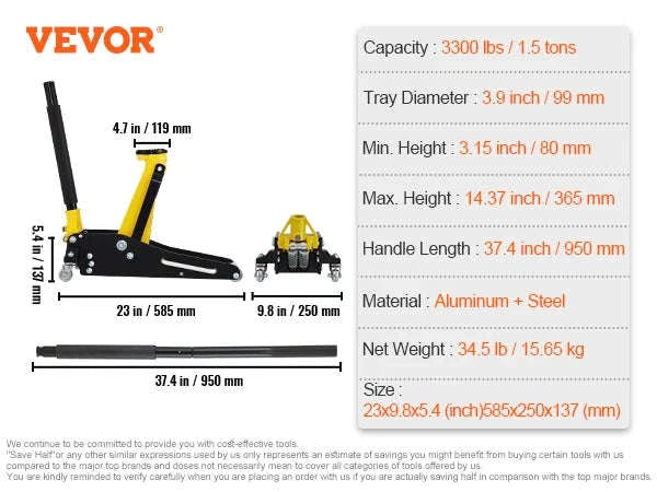 Low Profile Floor Jack 1.5-3 Ton Aluminum Steel Hydraulic Dual Pump-1.5 Ton / spain