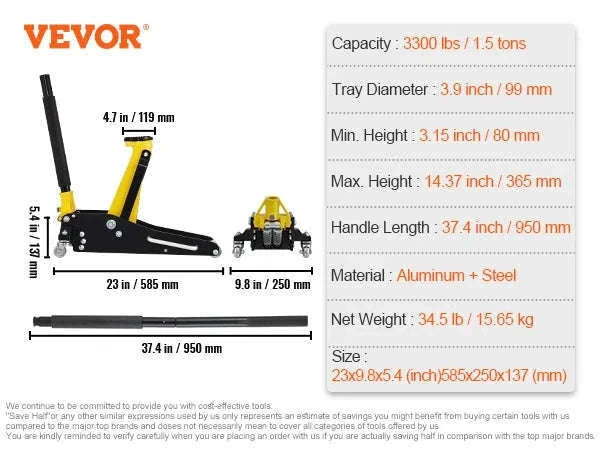 Low Profile Floor Jack 1.5-3 Ton Aluminum Steel Hydraulic Dual Pump-1.5 Ton / spain