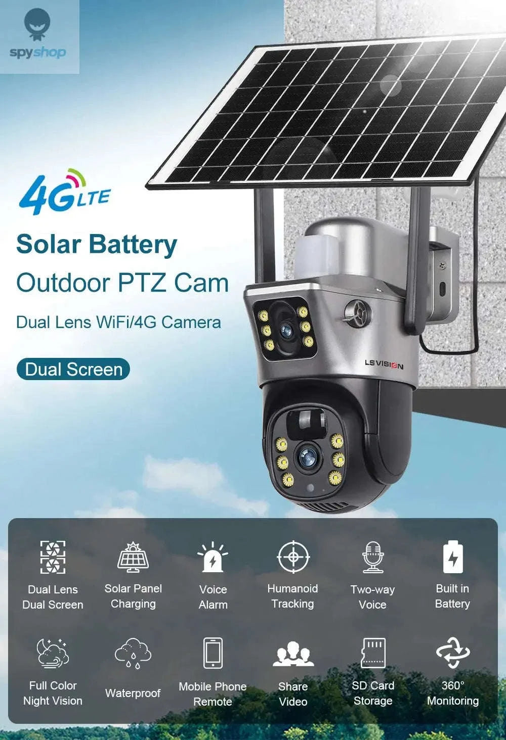 LS VISION Solar Security Camera – 4G Connectivity, Dual 4MP Lenses, Full‑Color Night Vision-WiFi Cam Add 32G / CHINA
