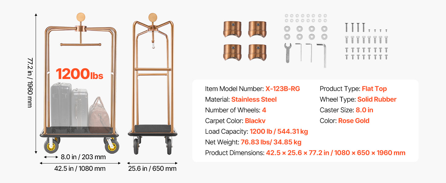 SucceBuy 1200 lbs Hotel Luggage Bellman Cart with 8in Wheels Solid Commercial Luggage Carrier Rolling Trolley for Hotels Resorts