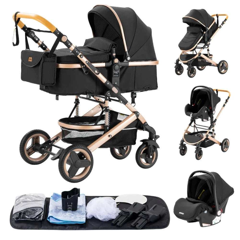 Luxurious 3‑in‑1 Baby Stroller High‑Landscape Travel System-HX1 all black
