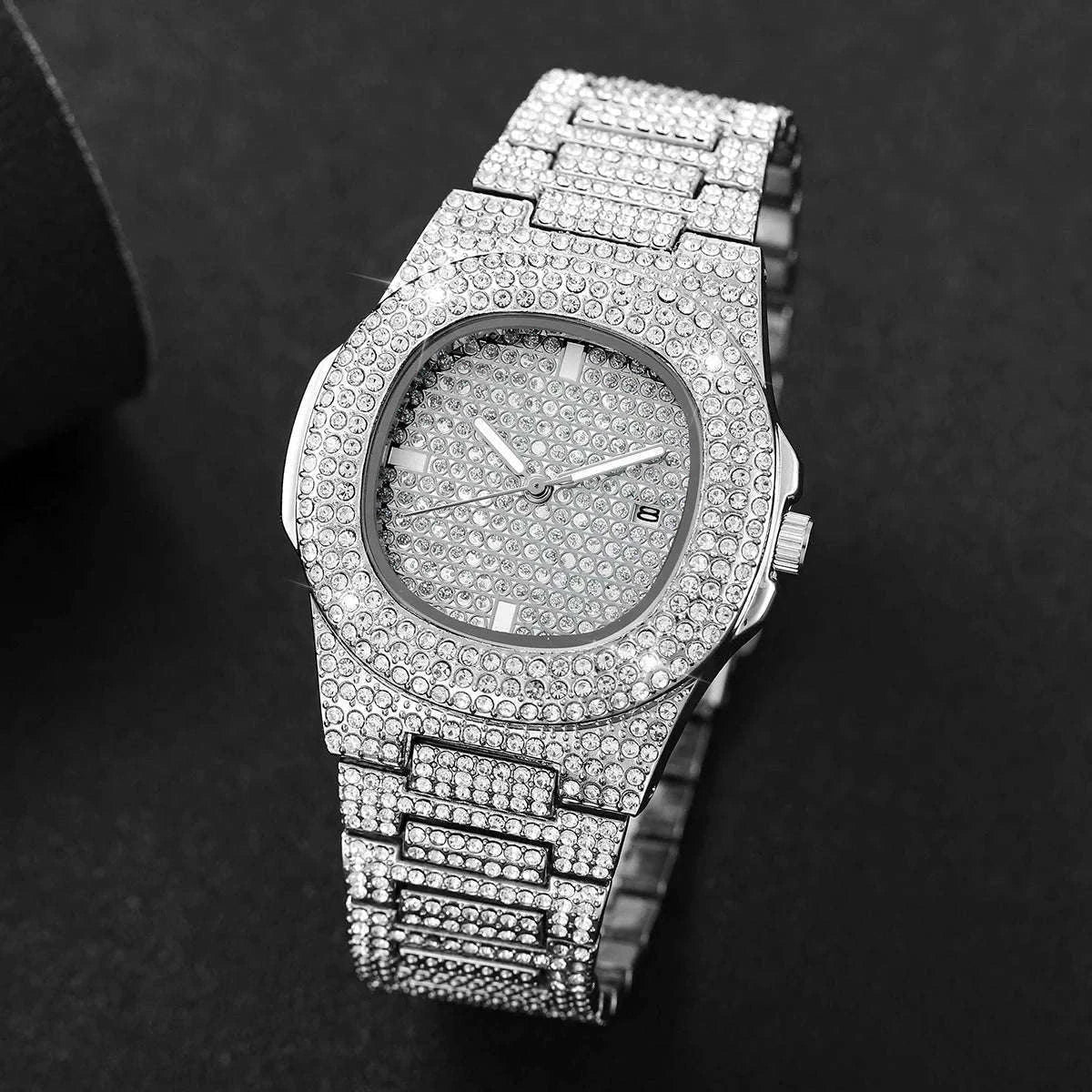Luxury Full Diamond Men's Stainless Steel Quartz Watch-Gold