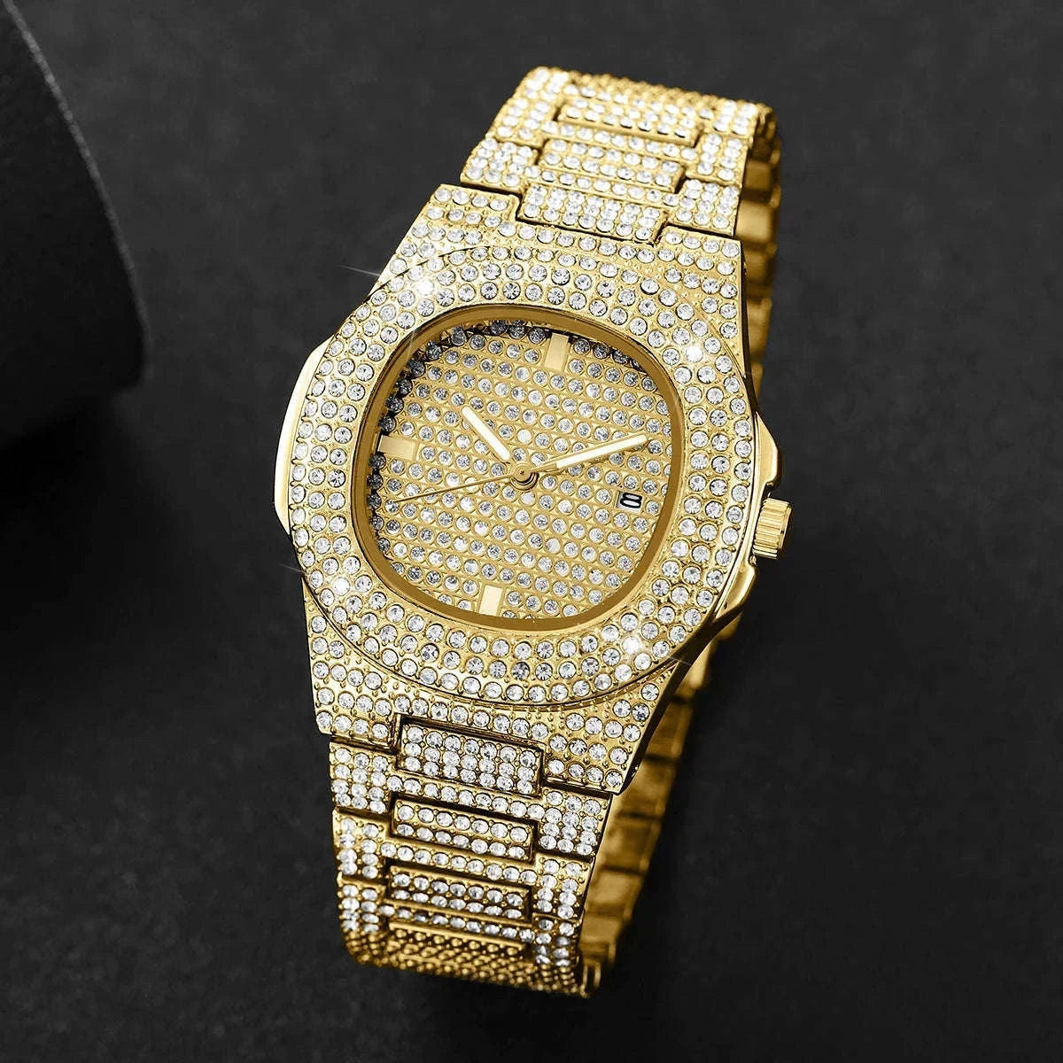 Luxury Full Diamond Men's Stainless Steel Quartz Watch-Gold