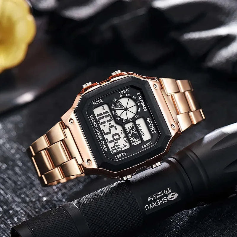 Luxury Men's Digital Watch with Stainless Steel Strap-Rose-gold