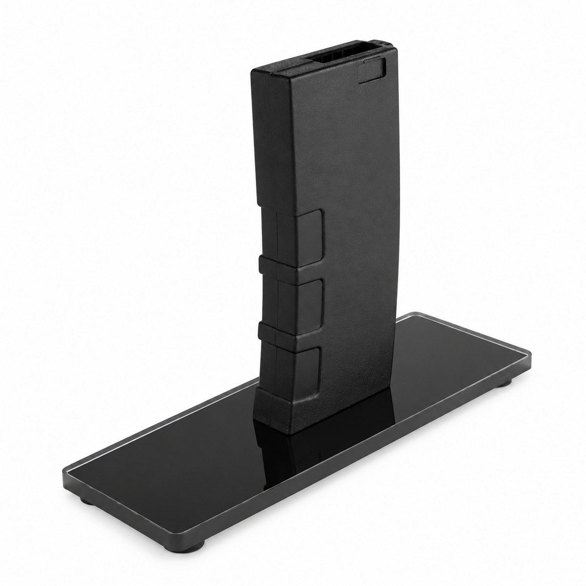Black plastic gel blaster display stand on a white background