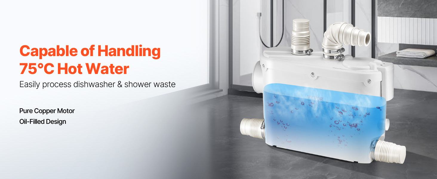SucceBuy makeratorska pumpa 500 W, pretok 29 GPM, višina 26 ft / 8 m, stenska WC pumpa, 4 priklopi za vodo, odpadne vode, naprava za iztiskanje skozi steno