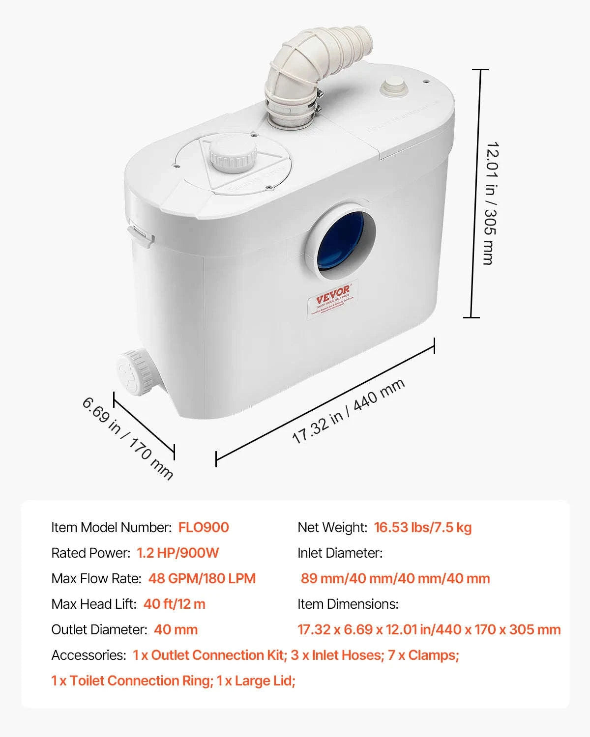 Macerator Sewerage Sump Pump with 3 Water Inlets and Check Valve-United States / 1200W