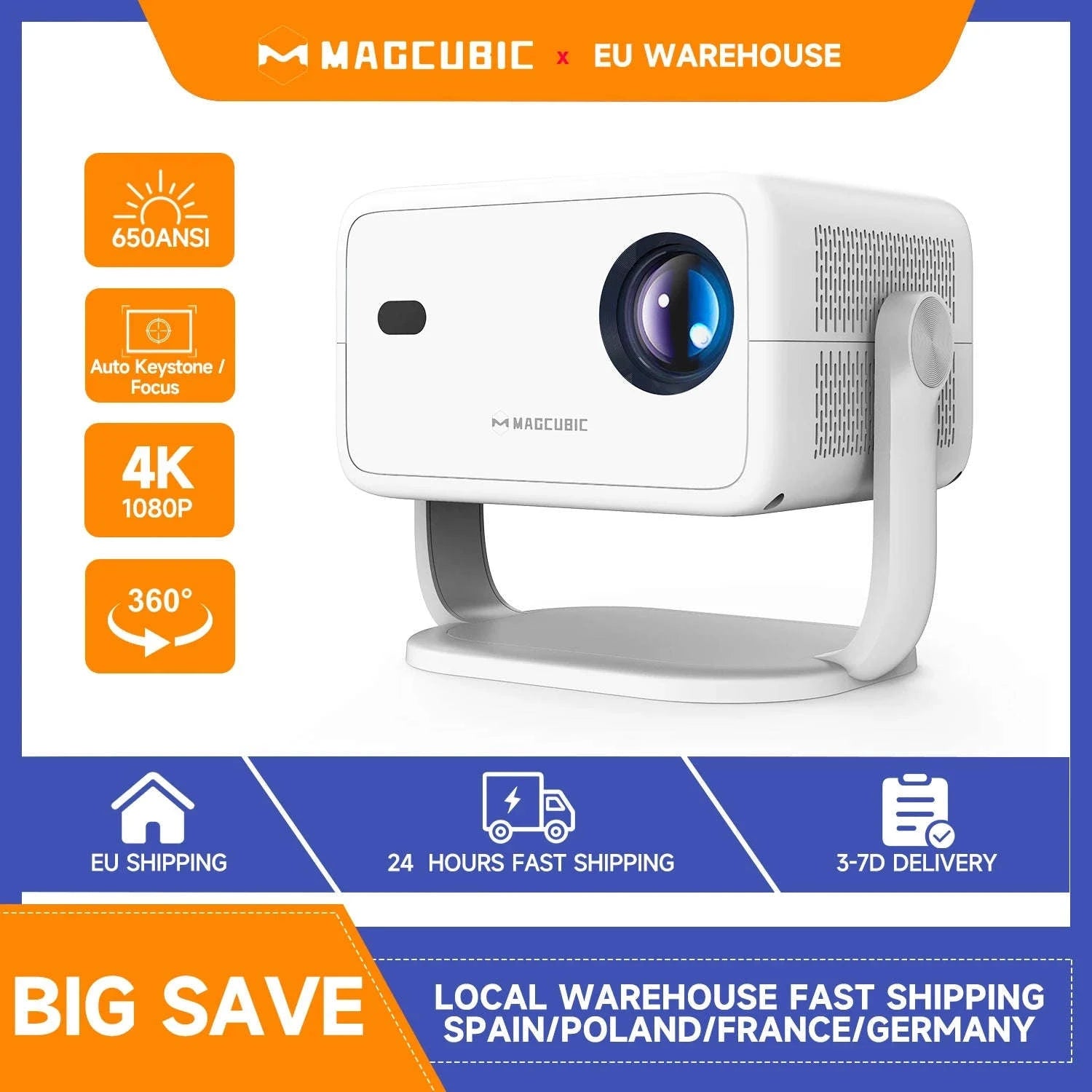 Magcubic 650ANSI L018 Projector with Native 1080P and Android 11-Whtie / EU Plug / spain