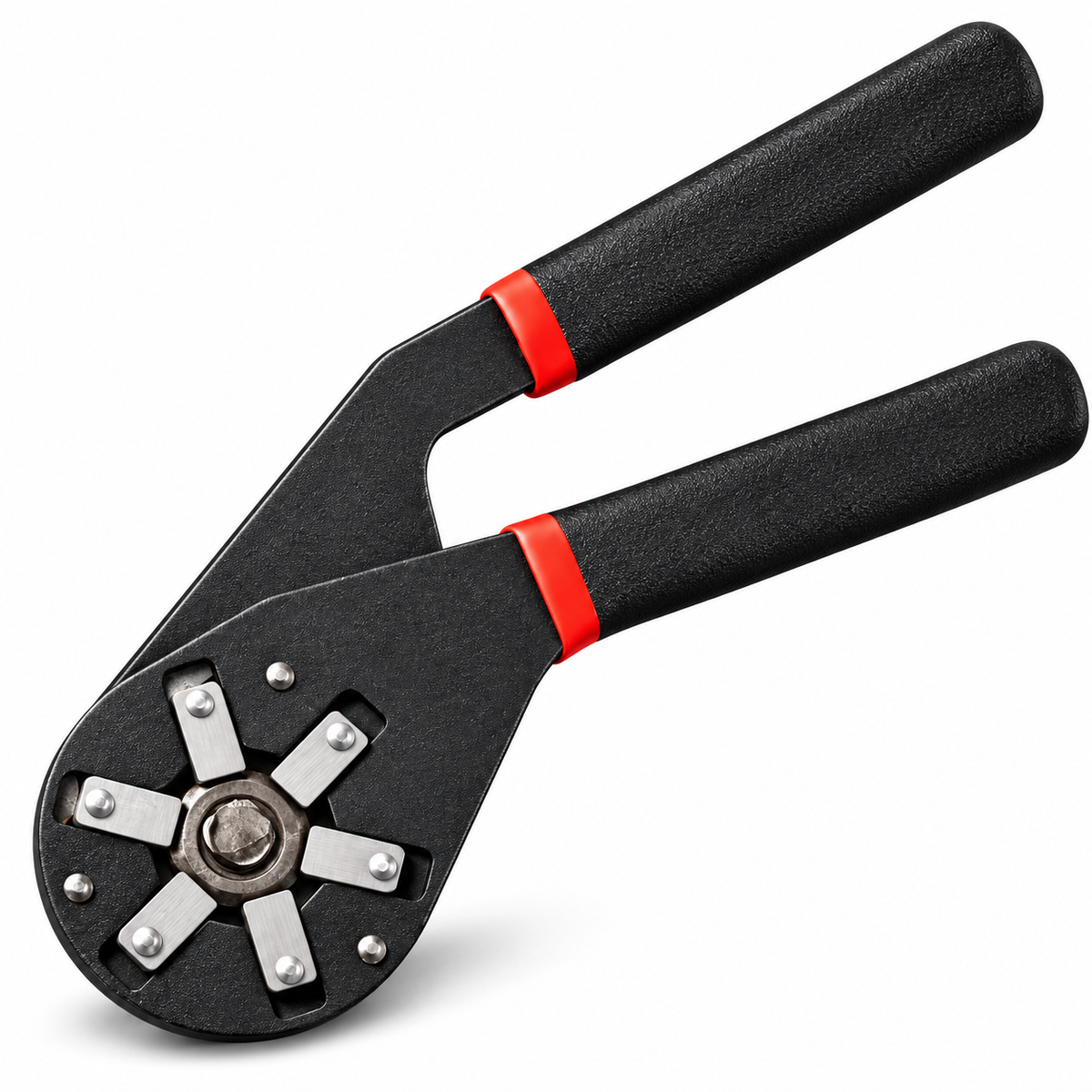 Black six-jaw multipurpose wrench with red handle accents on white background