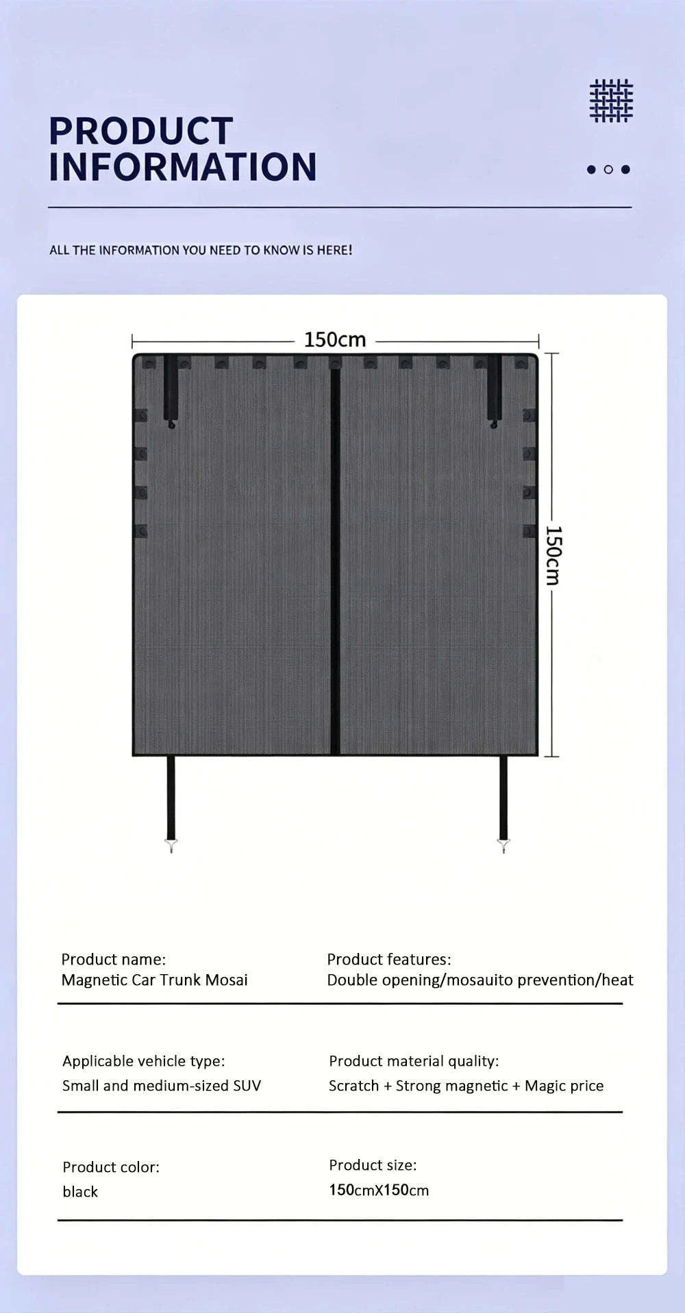 Magnetic Car Trunk Mosquito Screen for Small to Mid-Size SUVs-Black