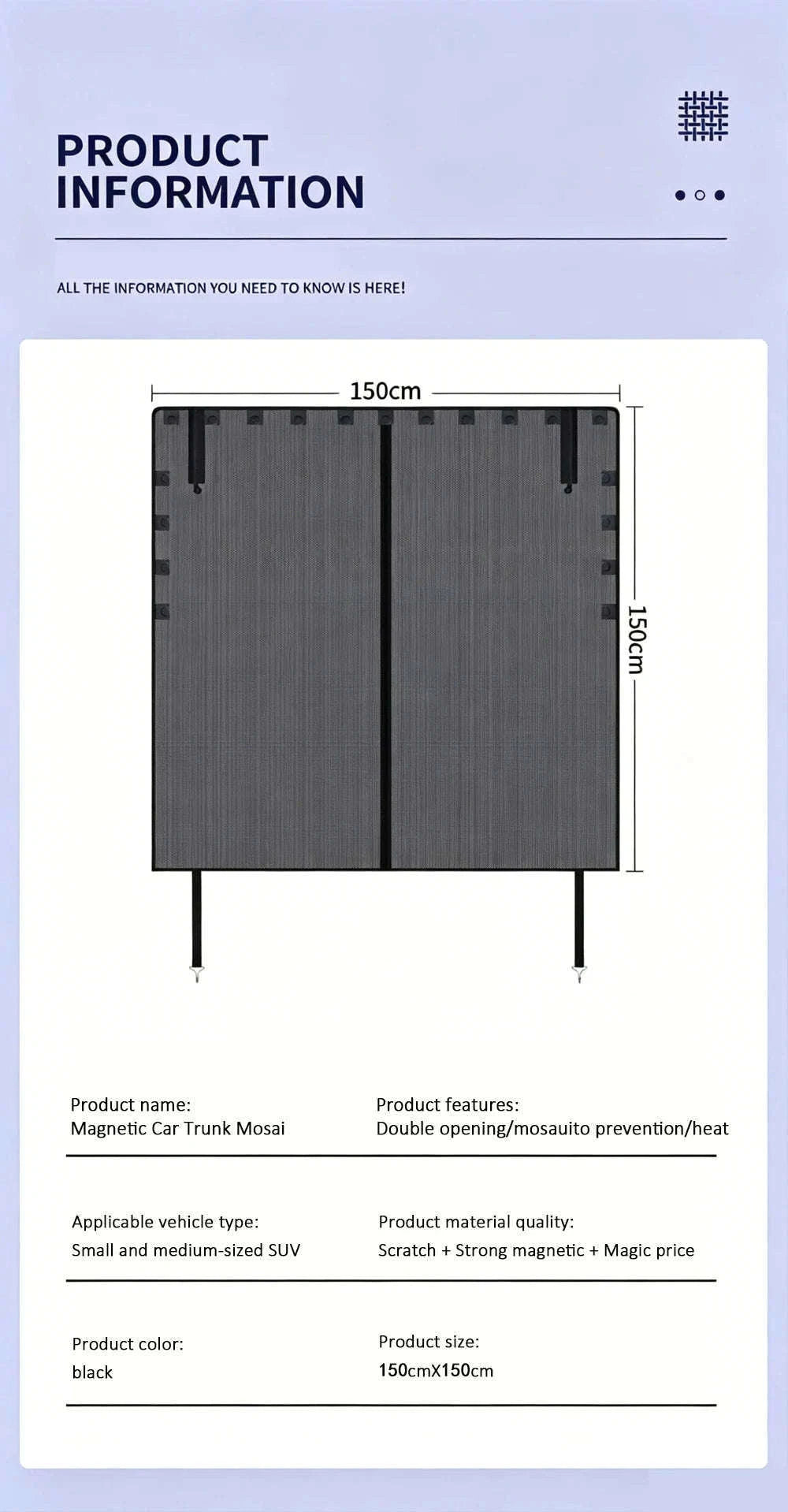 Magnetic Car Trunk Mosquito Screen for Small to Mid-Size SUVs-Black