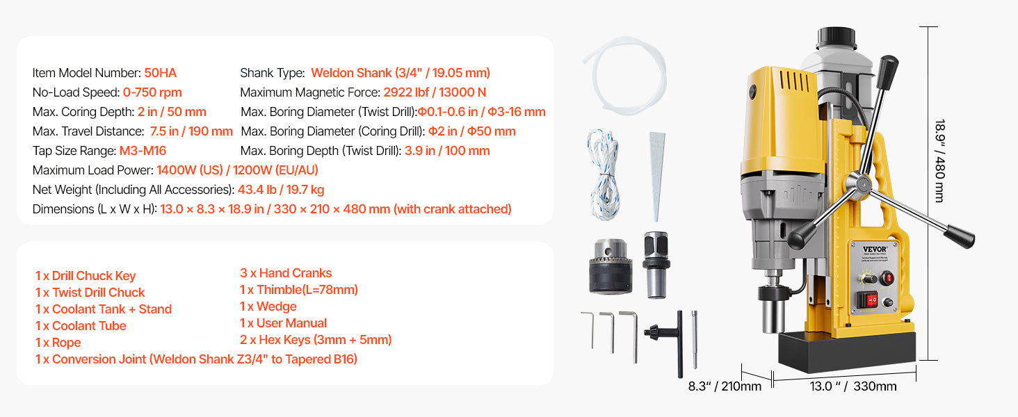 Magnetic Drill Press 1400W Core Drill 50mm Boring Capacity