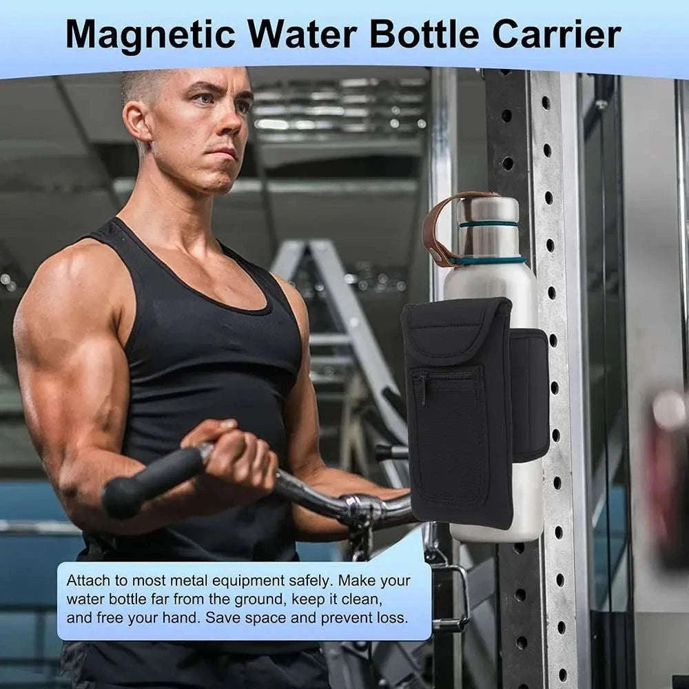 Magnetic Gym Water Bottle Holder with Neoprene Pouch-Black