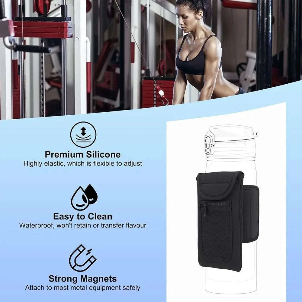 Magnetic Gym Water Bottle Holder with Secure Neoprene Pouch-Black