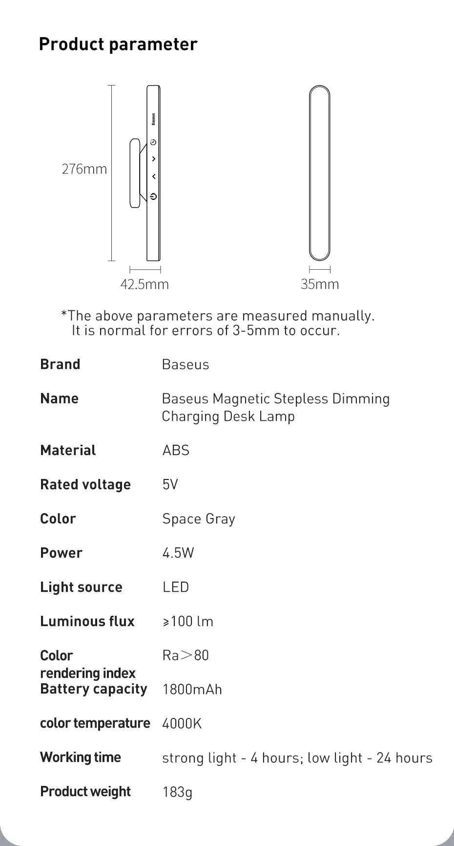 Magnetic LED Night Light with Stepless Dimming & 24H Battery-No adapter