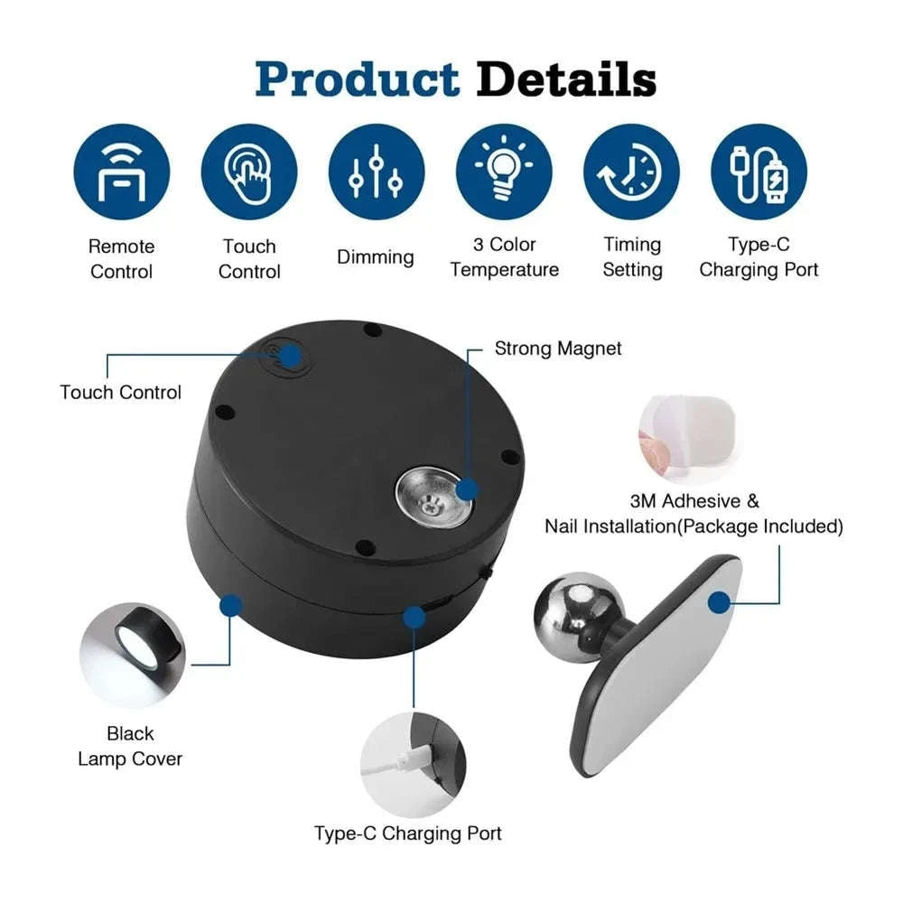 Magnetic LED Wall Light with 360° Rotation and Remote Control-White