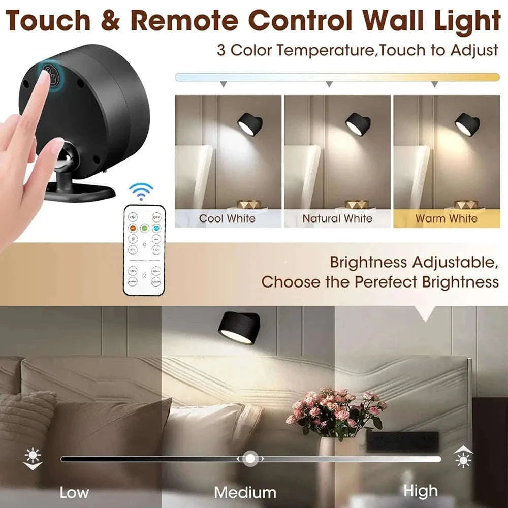 Magnetic LED Wall Light with Remote Control and 360° Rotation-White