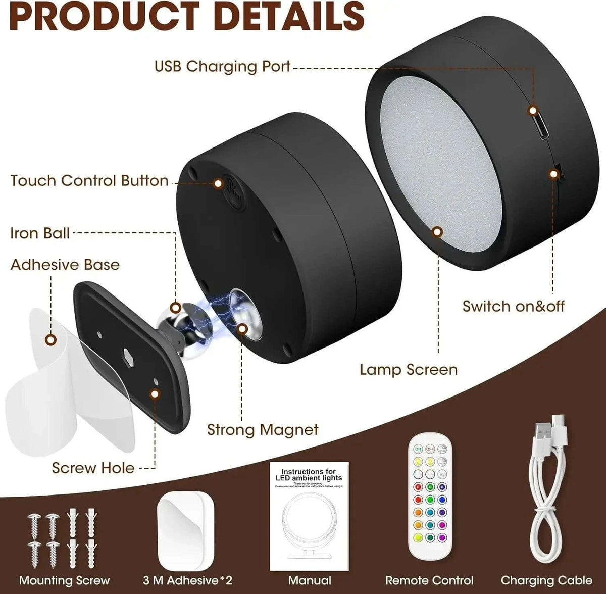 Magnetic LED Wall Light with Remote Control and 360° Rotation-White