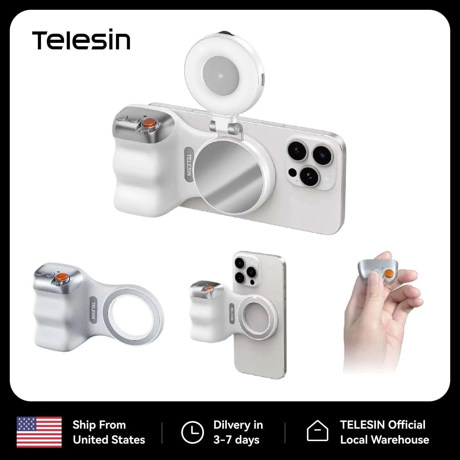 Magnetic Phone Camera Grip with Remote & Bluetooth Control-White No light / United States