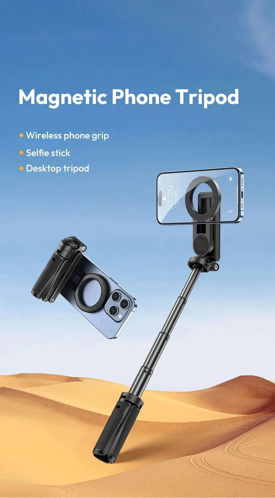 Magnetic Phone Tripod Wireless Grip Selfie Stick-Black