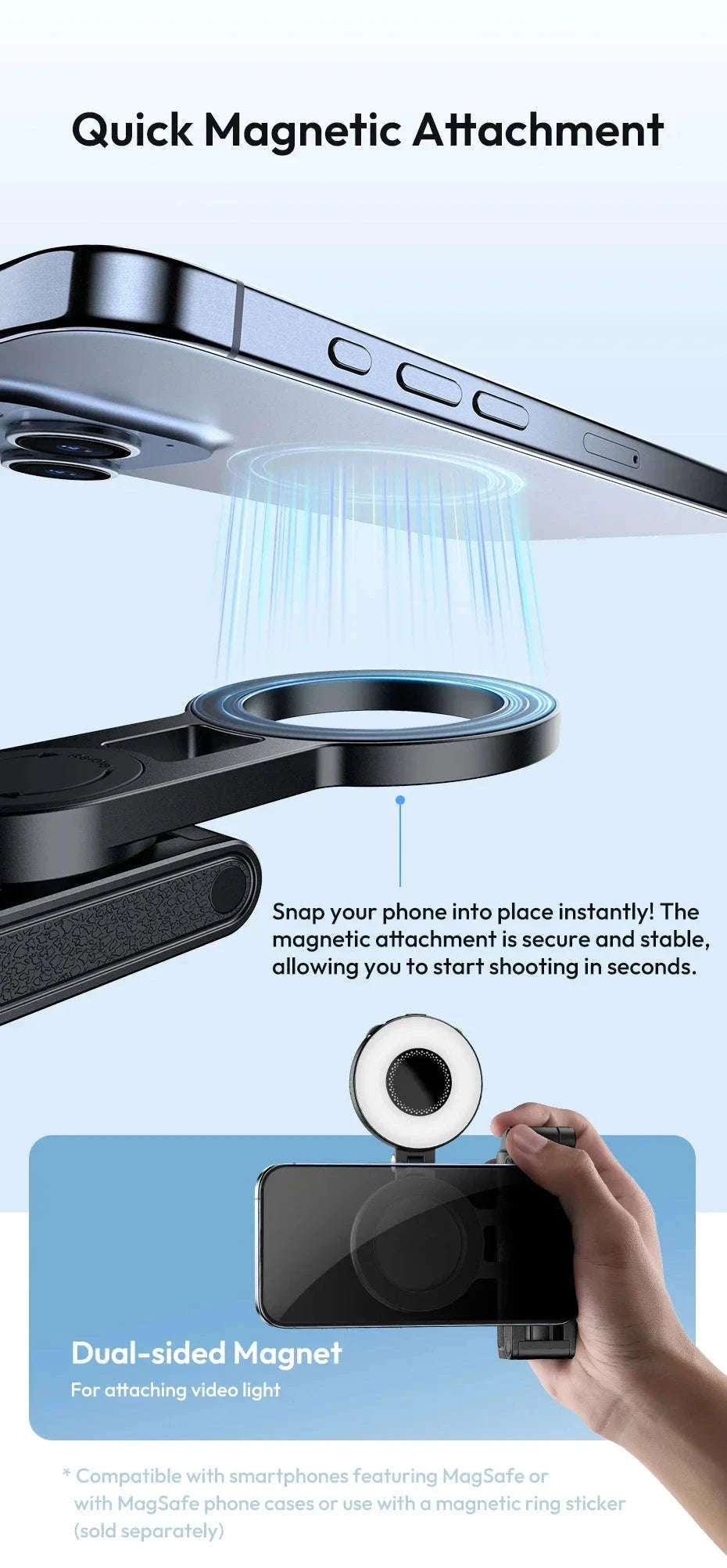Magnetic Phone Tripod Wireless Grip Selfie Stick-Black