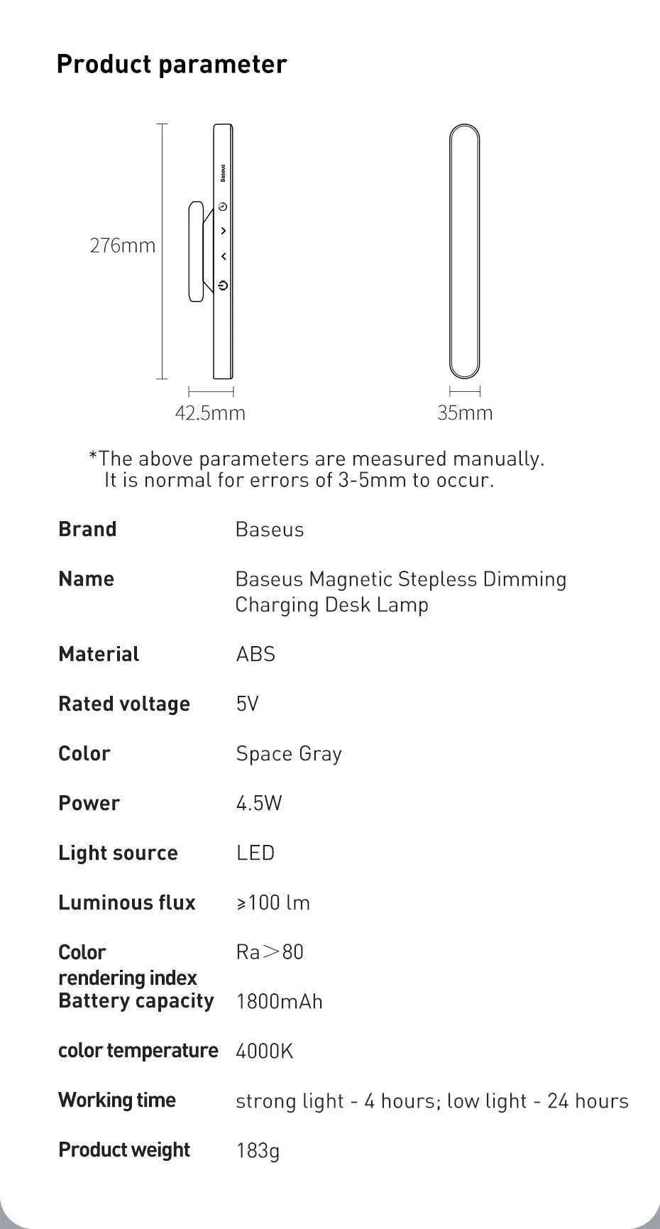 Magnetic Rechargeable LED Desk Light with Stepless Dimming-White