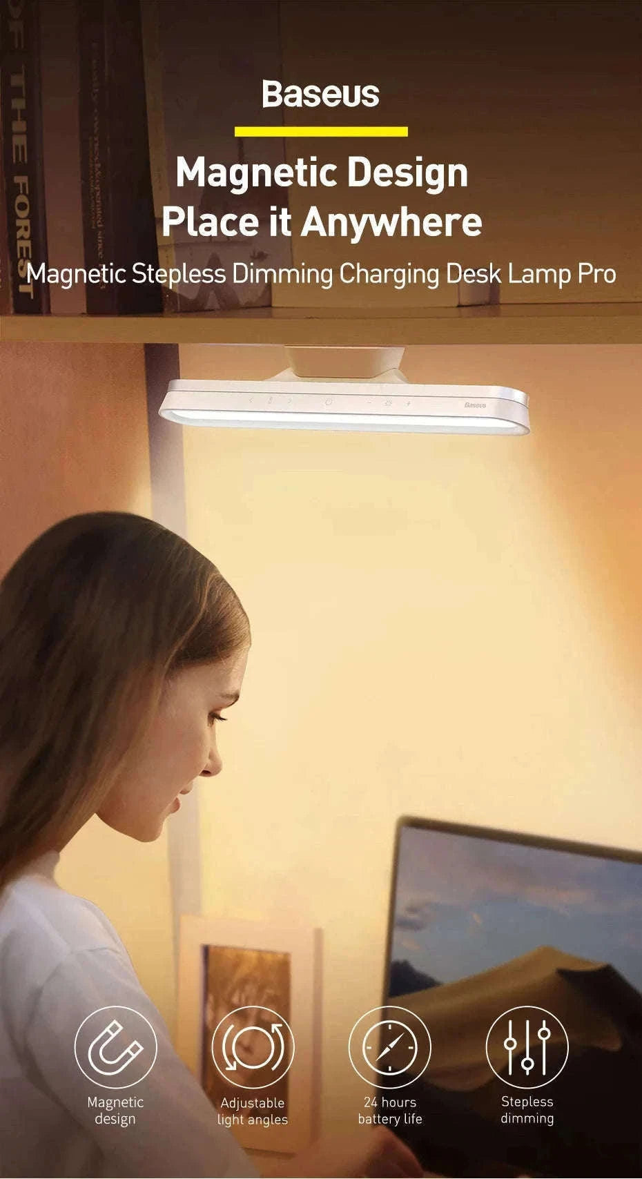 Magnetic Rechargeable LED Desk Light with Stepless Dimming-White