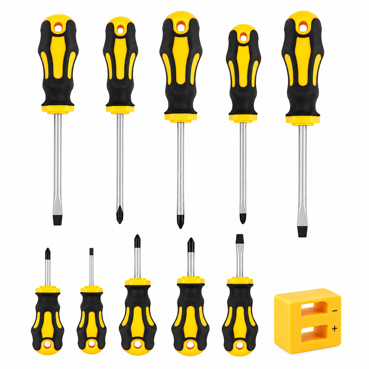 Ten black and yellow screwdrivers and a yellow magnetizer on white background