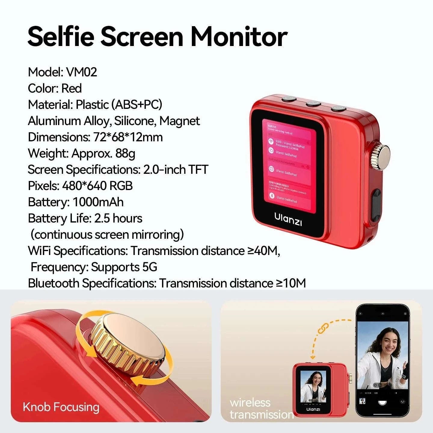 Magnetic Wireless Selfie Screen Monitor for Rear Camera Vlogging-VM02 Red / China Mainland