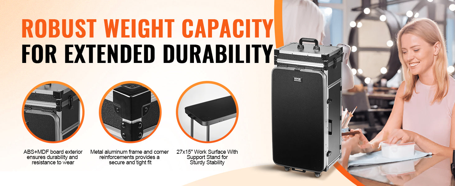 SucceBuy Professional Makeup Train Case Aluminum Cosmetic Case Workbench With Supporting Legs Rolling Makeup Case Extra Large