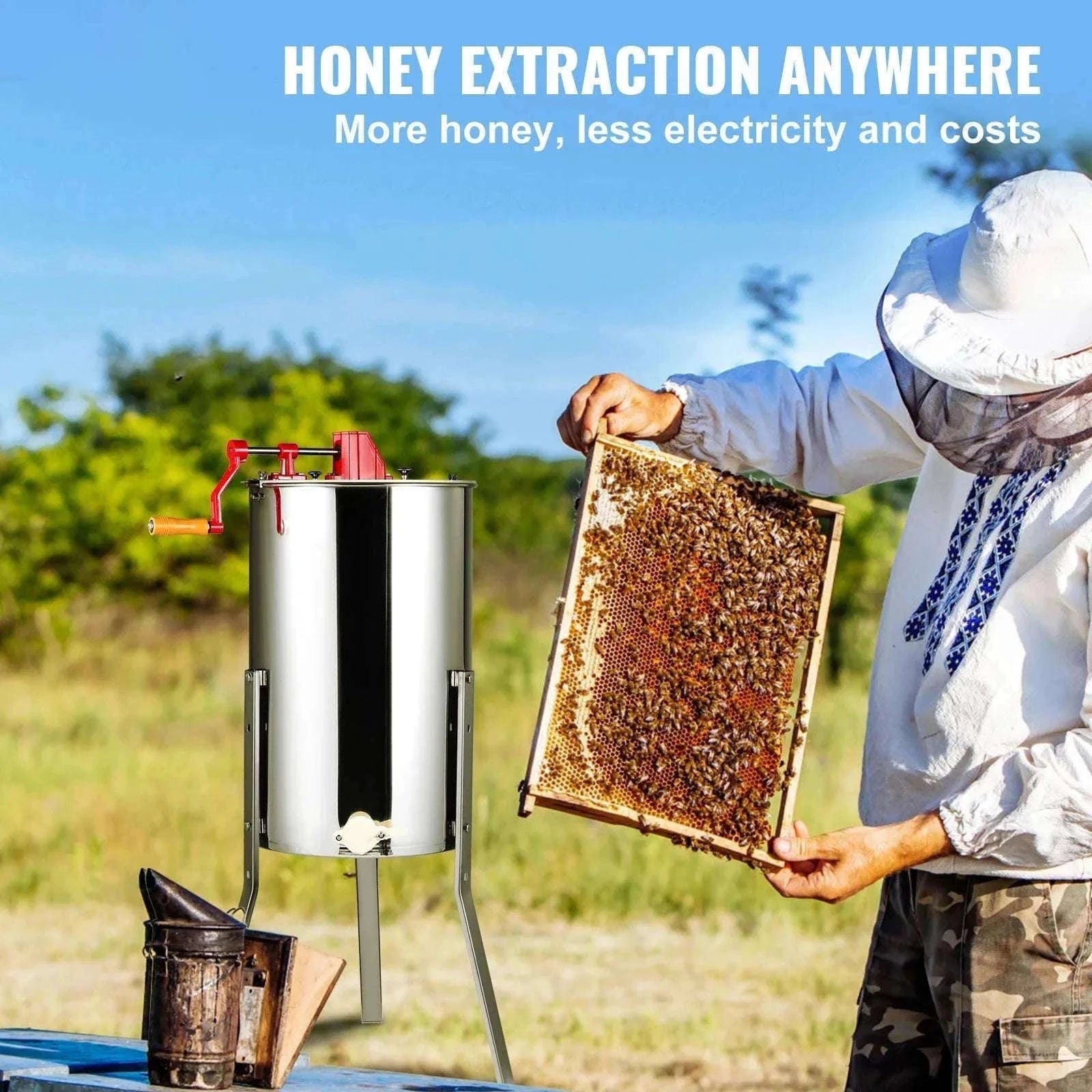 Manual 3-Frame Honey Extractor Stainless Steel Beekeeping Spinner-15in / United States