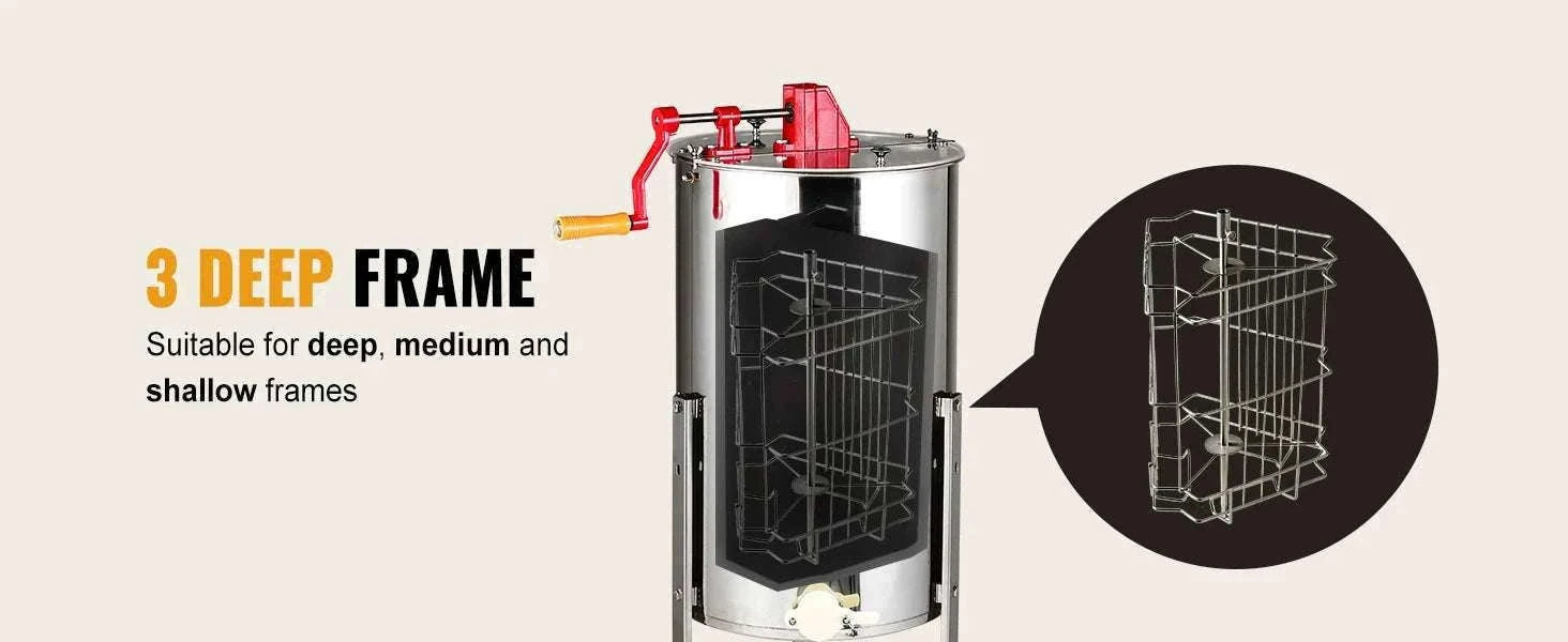 Manual 3-Frame Honey Extractor Stainless Steel Beekeeping Spinner-15in / United States