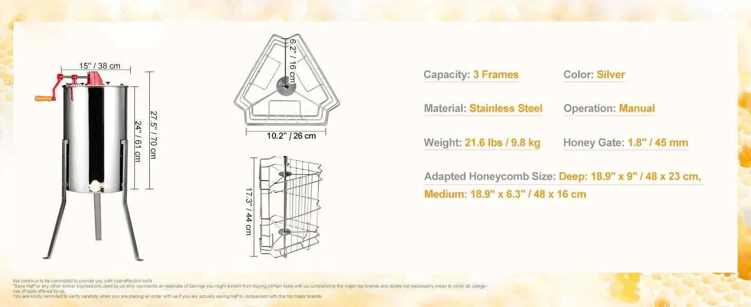 Manual 3-Frame Honey Extractor Stainless Steel Beekeeping Spinner-15in / United States