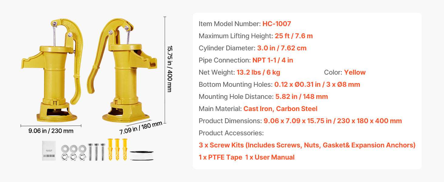 Manual Cast Iron Hand Water Pump 25 ft Lift for Wells & Garden-Red / United States