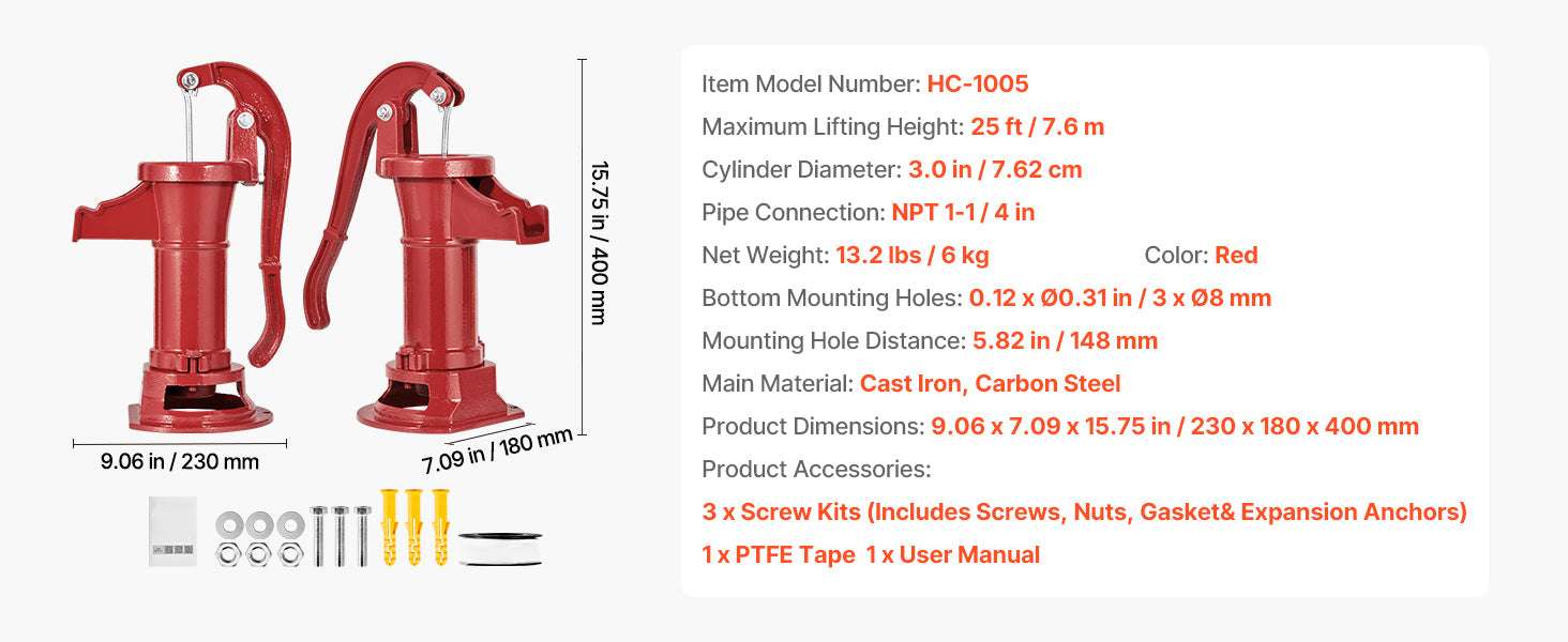 Manual Cast Iron Hand Water Pump 25 ft Lift for Wells & Garden-Red / United States