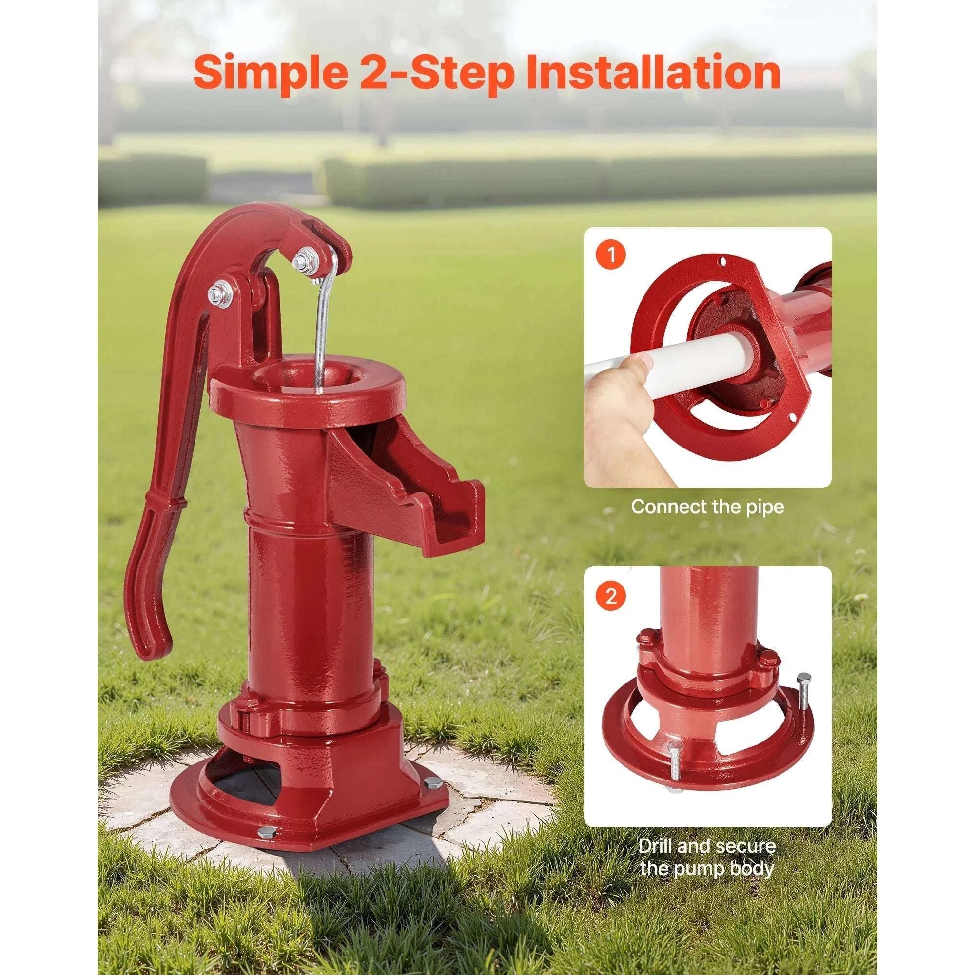 Manual Cast Iron Hand Water Pump 25 ft Lift for Wells & Garden-Red / United States