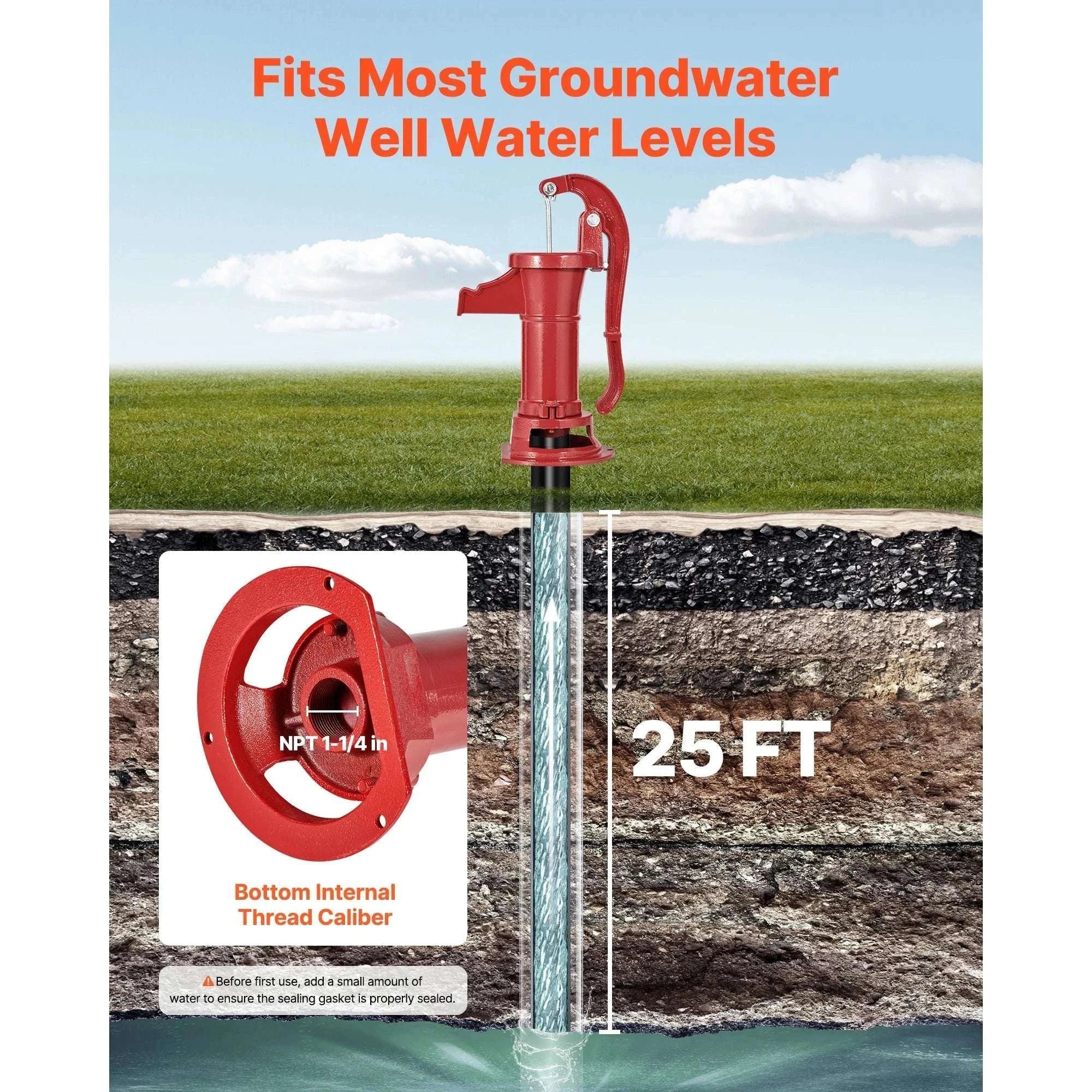 Manual Cast Iron Hand Water Pump 25 ft Lift for Wells & Garden-Red / United States